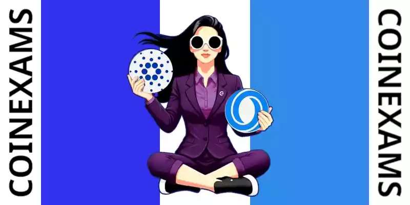 Nova (CoinExams Mascot) holding Cardano logo on the left and holding Oasis Network on the right.