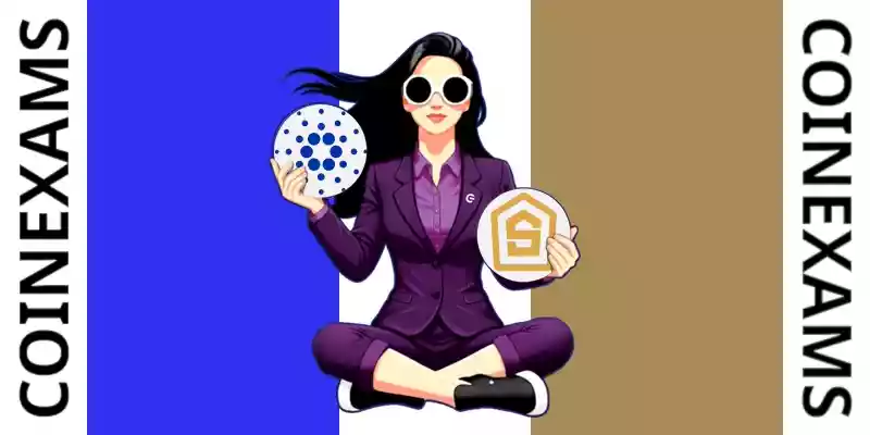 Nova (CoinExams Mascot) holding Cardano logo on the left and holding Shentu on the right.