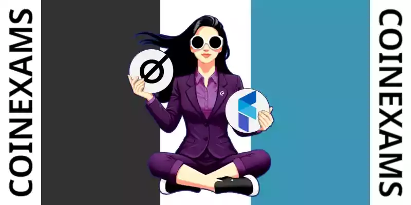 Nova (CoinExams Mascot) holding Cosmos logo on the left and holding Fio Protocol on the right.