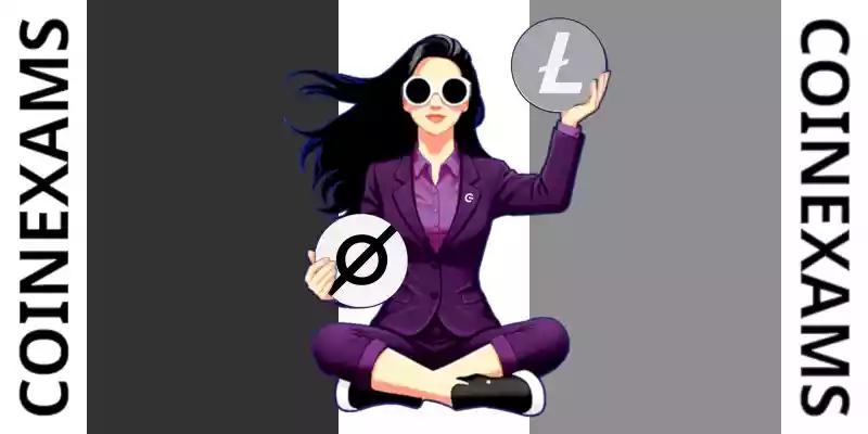 Nova (CoinExams Mascot) holding Cosmos logo on the left and holding Litecoin on the right.