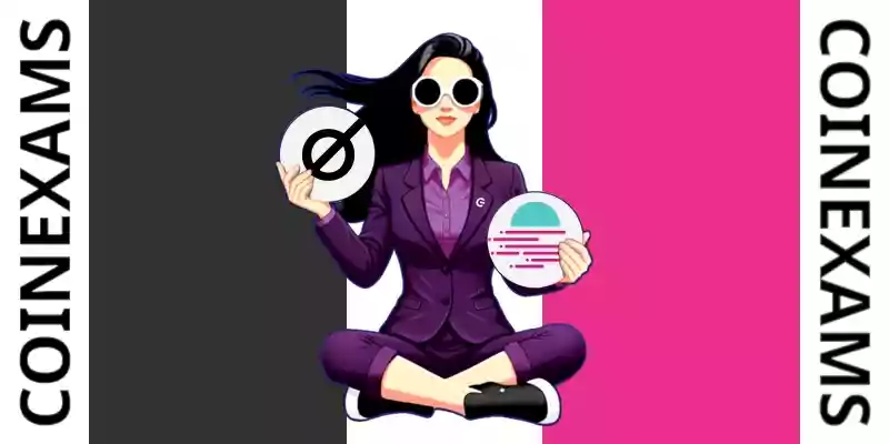 Nova (CoinExams Mascot) holding Cosmos logo on the left and holding Moonbeam on the right.