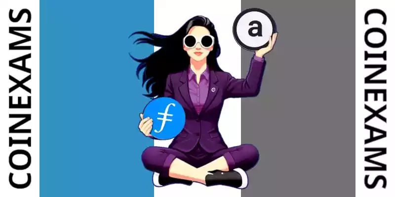 Nova (CoinExams Mascot) holding Filecoin logo on the left and holding Arweave on the right.
