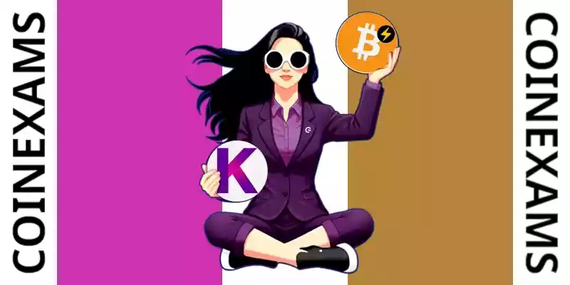Nova (CoinExams Mascot) holding Kadena logo on the left and holding Bitcoin on the right.