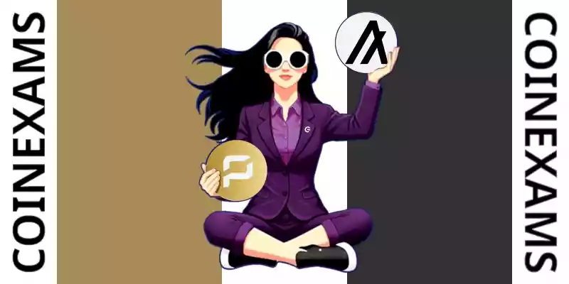 Nova (CoinExams Mascot) holding Pirate Chain logo on the left and holding Algorand on the right.