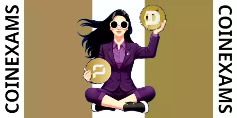 Nova (CoinExams Mascot) holding Pirate Chain logo on the left and holding Dogecoin on the right.