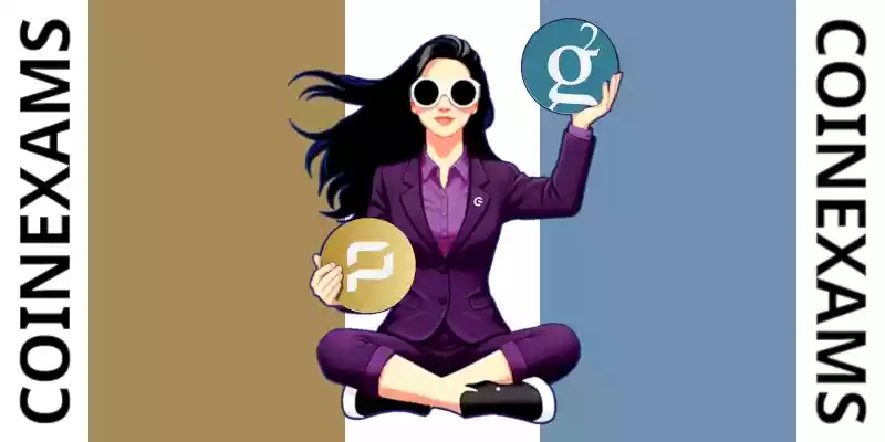 Nova (CoinExams Mascot) holding Pirate Chain logo on the left and holding Groestlcoin on the right.