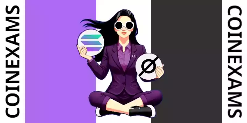 Nova (CoinExams Mascot) holding Solana logo on the left and holding Cosmos on the right.