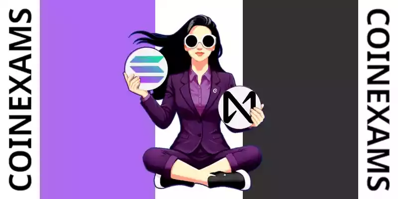 Nova (CoinExams Mascot) holding Solana logo on the left and holding Near Protocol on the right.