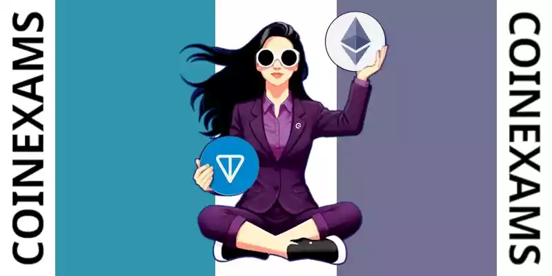 Nova (CoinExams Mascot) holding Ton logo on the left and holding Ethereum on the right.