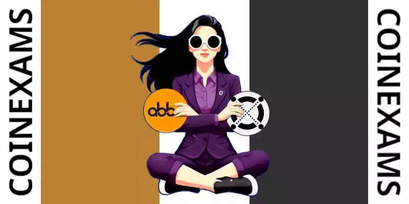 Nova (CoinExams Mascot) crossing her arms while holding Abbc Coin logo on the left and holding Elrond logo on the right.