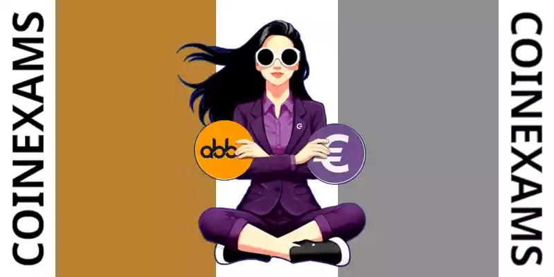 Nova (CoinExams Mascot) crossing her arms while holding Abbc Coin logo on the left and holding Eur Fiat logo on the right.