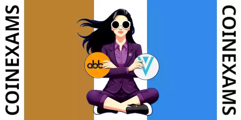 Nova (CoinExams Mascot) crossing her arms while holding Abbc Coin logo on the left and holding Verge logo on the right.