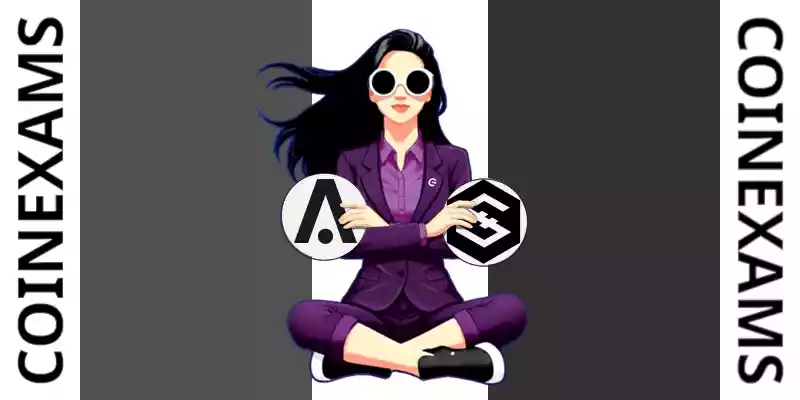 Nova (CoinExams Mascot) crossing her arms while holding Aion logo on the left and holding Iost logo on the right.
