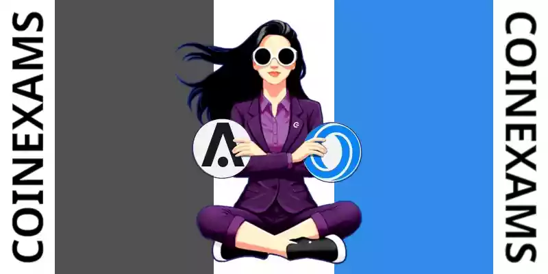 Nova (CoinExams Mascot) crossing her arms while holding Aion logo on the left and holding Oasis Network logo on the right.