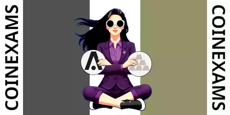 Nova (CoinExams Mascot) crossing her arms while holding Aion logo on the left and holding Silver logo on the right.