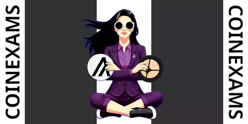 Nova (CoinExams Mascot) crossing her arms while holding Algorand logo on the left and holding Aster logo on the right.