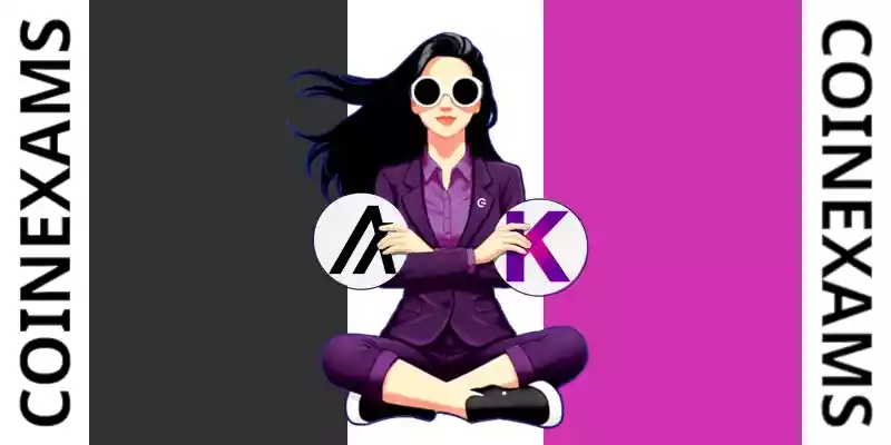 Nova (CoinExams Mascot) crossing her arms while holding Algorand logo on the left and holding Kadena logo on the right.