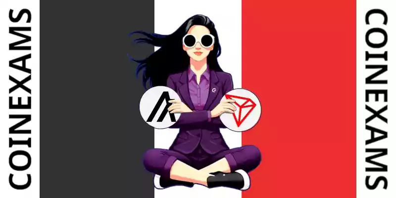 Nova (CoinExams Mascot) crossing her arms while holding Algorand logo on the left and holding Tron logo on the right.