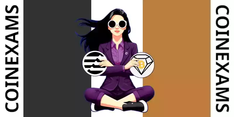 Nova (CoinExams Mascot) crossing her arms while holding Aptos logo on the left and holding Bitcoin Diamond logo on the right.