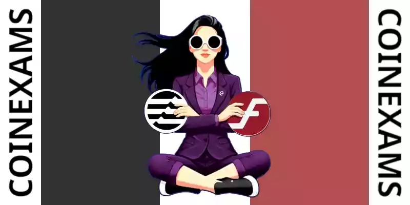 Nova (CoinExams Mascot) crossing her arms while holding Aptos logo on the left and holding Firo logo on the right.