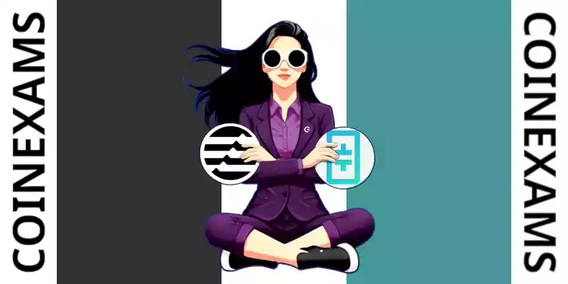 Nova (CoinExams Mascot) crossing her arms while holding Aptos logo on the left and holding Theta logo on the right.