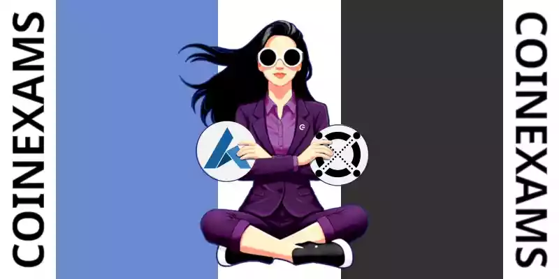 Nova (CoinExams Mascot) crossing her arms while holding Ardor logo on the left and holding Elrond logo on the right.