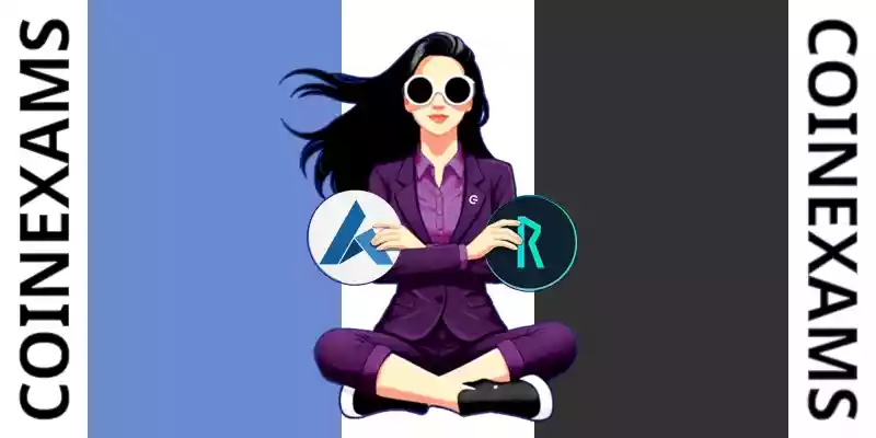 Nova (CoinExams Mascot) crossing her arms while holding Ardor logo on the left and holding Thorchain logo on the right.