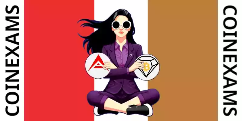 Nova (CoinExams Mascot) crossing her arms while holding Ark logo on the left and holding Bitcoin Diamond logo on the right.