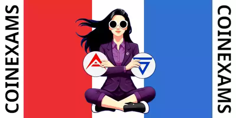 Nova (CoinExams Mascot) crossing her arms while holding Ark logo on the left and holding Velas logo on the right.