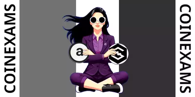 Nova (CoinExams Mascot) crossing her arms while holding Arweave logo on the left and holding Iost logo on the right.