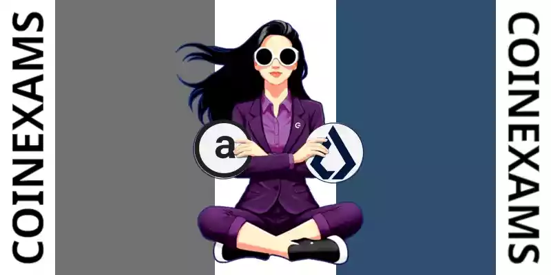 Nova (CoinExams Mascot) crossing her arms while holding Arweave logo on the left and holding Lisk logo on the right.