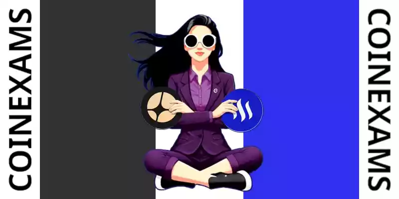 Nova (CoinExams Mascot) crossing her arms while holding Aster logo on the left and holding Steem logo on the right.