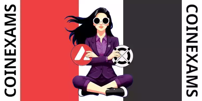 Nova (CoinExams Mascot) crossing her arms while holding Avalanche logo on the left and holding Elrond logo on the right.
