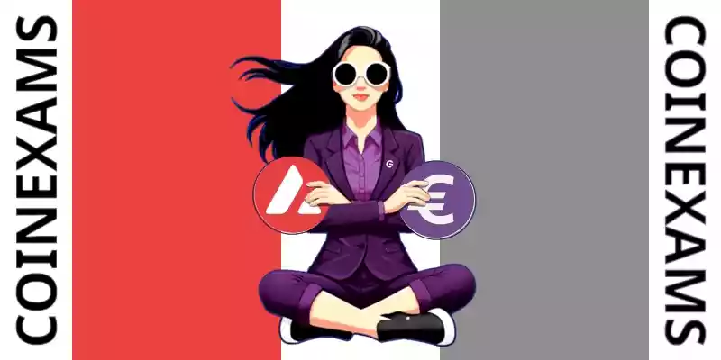 Nova (CoinExams Mascot) crossing her arms while holding Avalanche logo on the left and holding Eur Fiat logo on the right.
