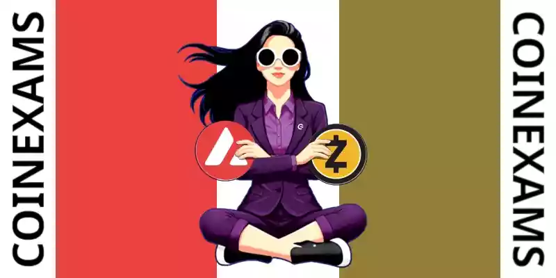 Nova (CoinExams Mascot) crossing her arms while holding Avalanche logo on the left and holding Zcash logo on the right.