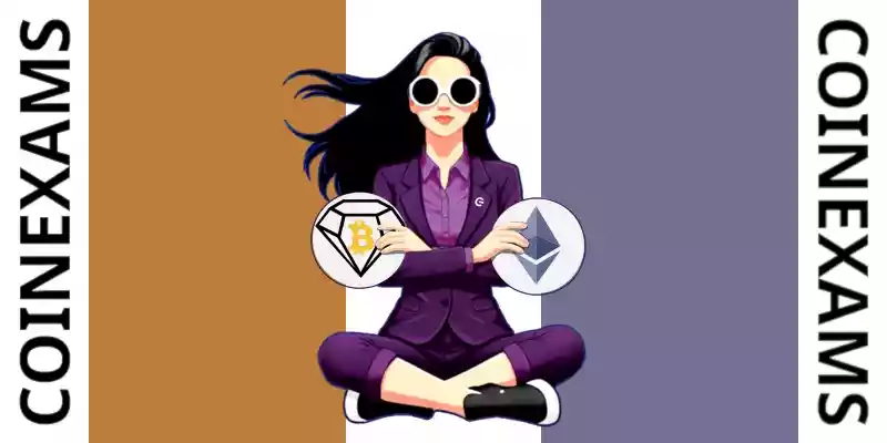 Nova (CoinExams Mascot) crossing her arms while holding Bitcoin Diamond logo on the left and holding Ethereum logo on the right.