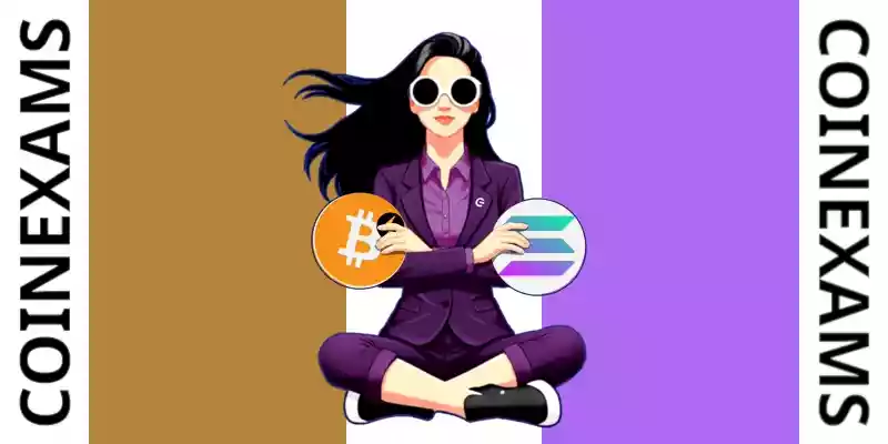 نوا (نماد CoinExams) در حالی که لوگوی Bitcoin را در سمت چپ و لوگوی Solana را در سمت راست نگه داشته، دست به سینه ایستاده است.
