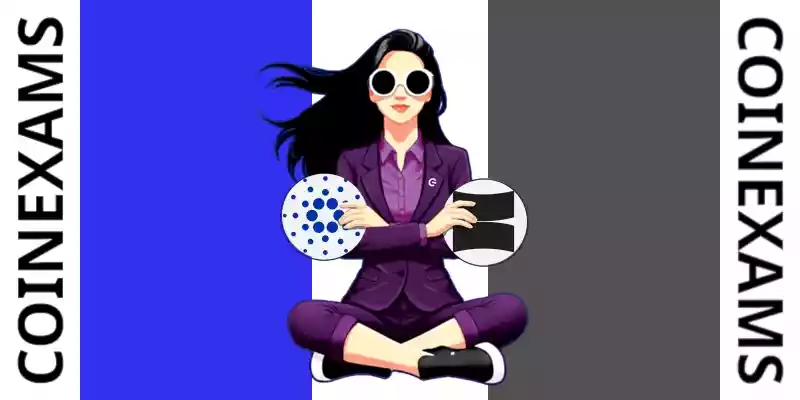Nova (CoinExams Mascot) crossing her arms while holding Cardano logo on the left and holding Viction logo on the right.