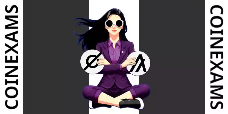 Nova (CoinExams Mascot) crossing her arms while holding Cosmos logo on the left and holding Algorand logo on the right.