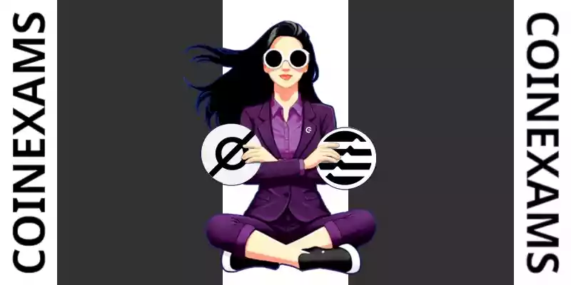 Nova (CoinExams Mascot) crossing her arms while holding Cosmos logo on the left and holding Aptos logo on the right.