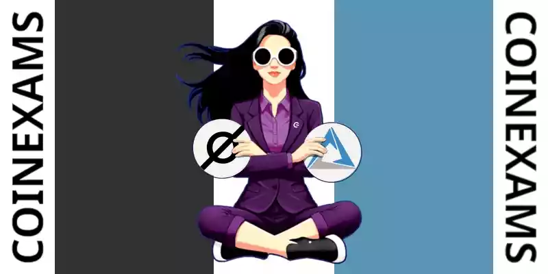 Nova (CoinExams Mascot) crossing her arms while holding Cosmos logo on the left and holding Cortex logo on the right.