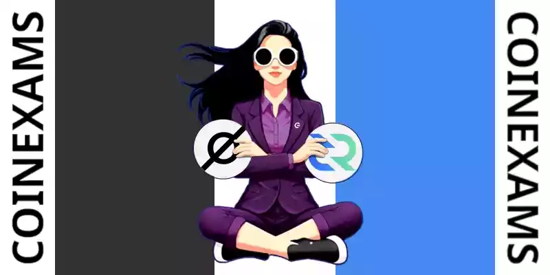 Nova (CoinExams Mascot) crossing her arms while holding Cosmos logo on the left and holding Decred logo on the right.