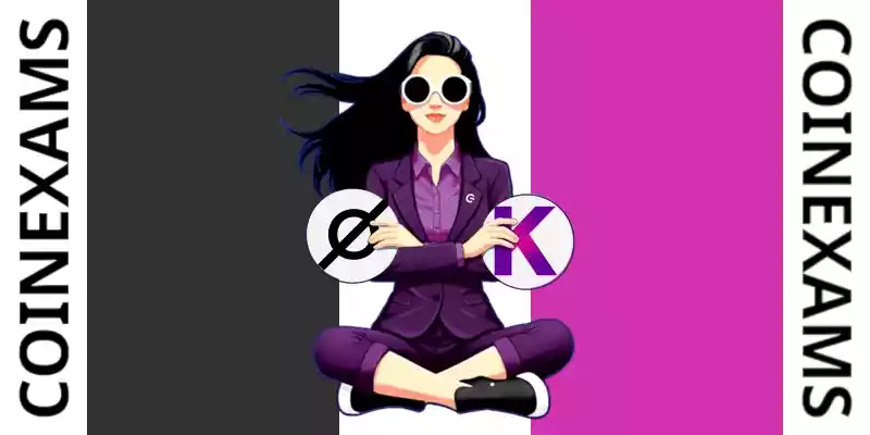 Nova (CoinExams Mascot) crossing her arms while holding Cosmos logo on the left and holding Kadena logo on the right.