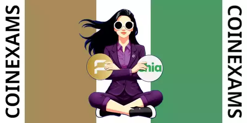 Nova (CoinExams Mascot) crossing her arms while holding Pirate Chain logo on the left and holding Chia logo on the right.