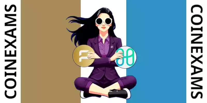 Nova (CoinExams Mascot) crossing her arms while holding Pirate Chain logo on the left and holding Harmony logo on the right.