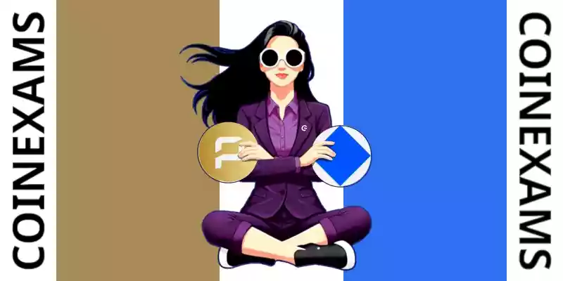 Nova (CoinExams Mascot) crossing her arms while holding Pirate Chain logo on the left and holding Waves logo on the right.