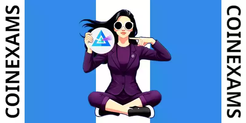 Nova (CoinExams maskot) håller Beam-logotypen