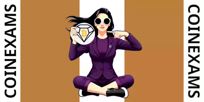 Nova (CoinExams maskot) håller Bitcoin Diamond-logotypen