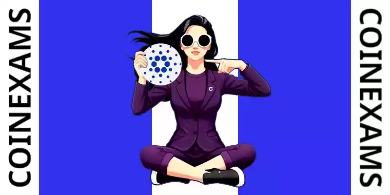 Nova (CoinExams maskot) håller Cardano-logotypen