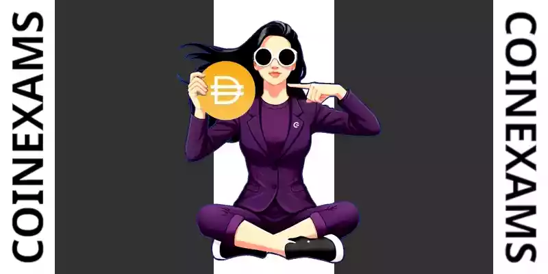 Nova (Maskottchen von CoinExams) hält das Dai-Logo